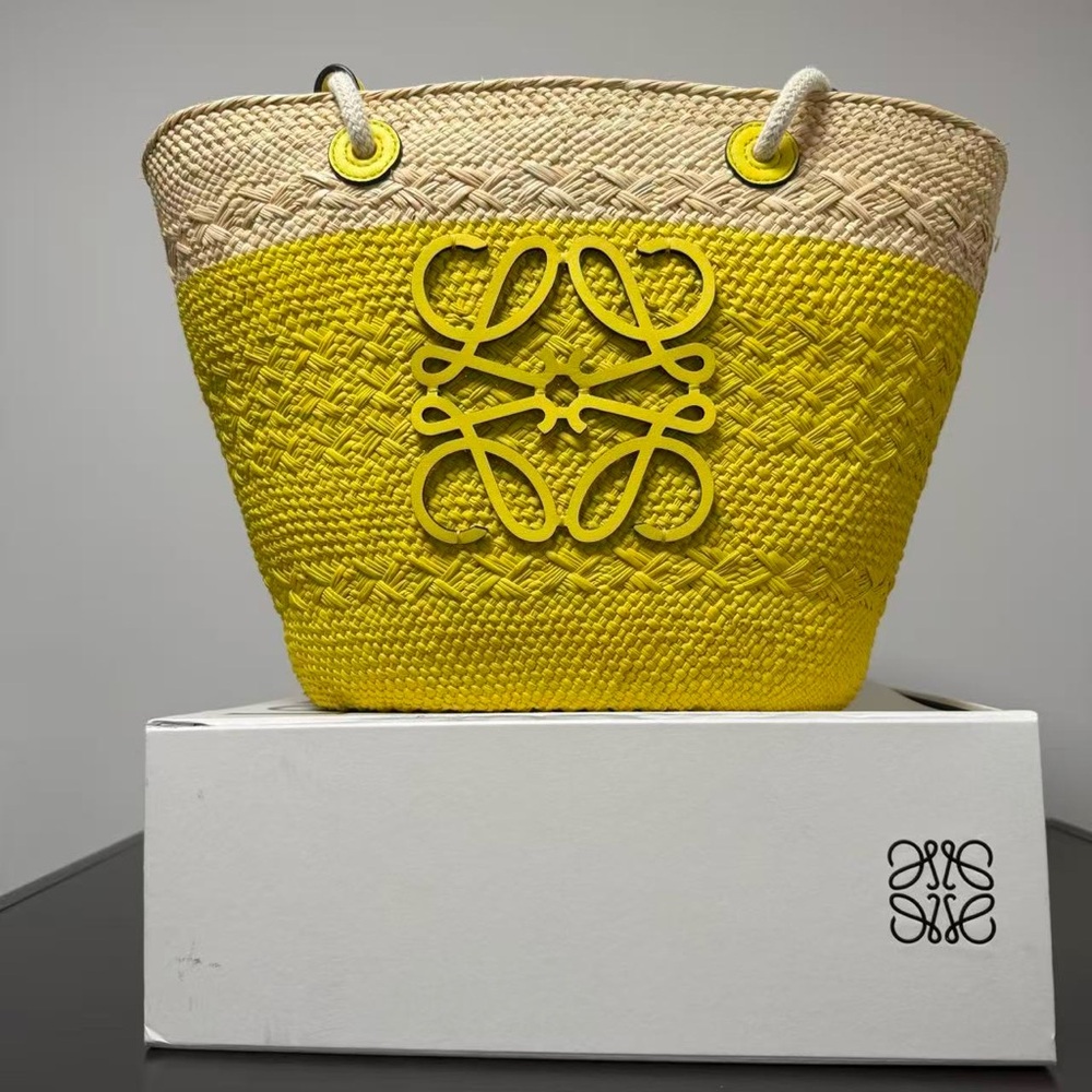 Loewe Anagram Colorblock Yellow Raffia Tote Bag - Picture 3 of 12